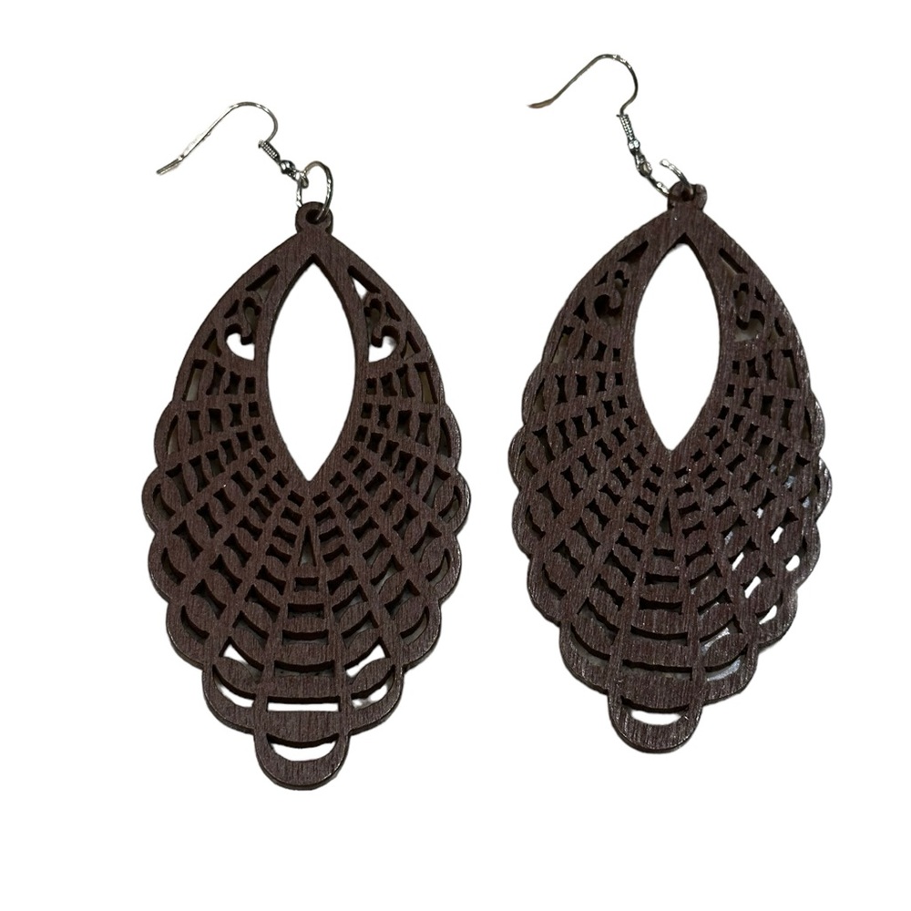 Boho Chocolate Brown Cut Wood Drop Earrings
